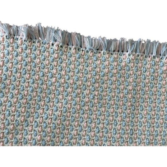 Handmade Pink Blue and White Crocheted Baby Blanket with Fringe 38 x 34 Inches - Picture 6 of 6
